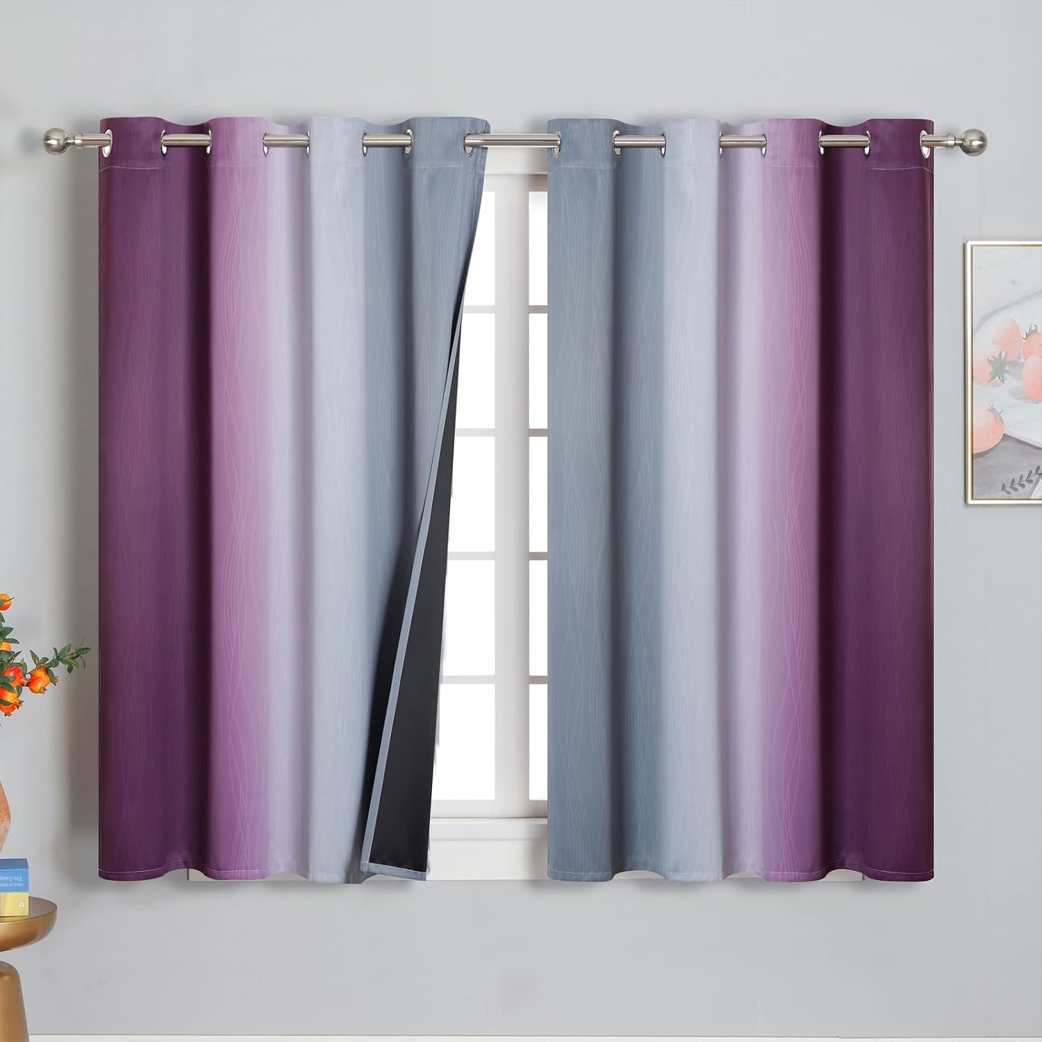 Estelartextiler Purple and Grey Blackout Curtains 54 Inches Long, Ombre and Wavy Line Pattern 100% Blackout Curtains for Bedroom, Full Light…