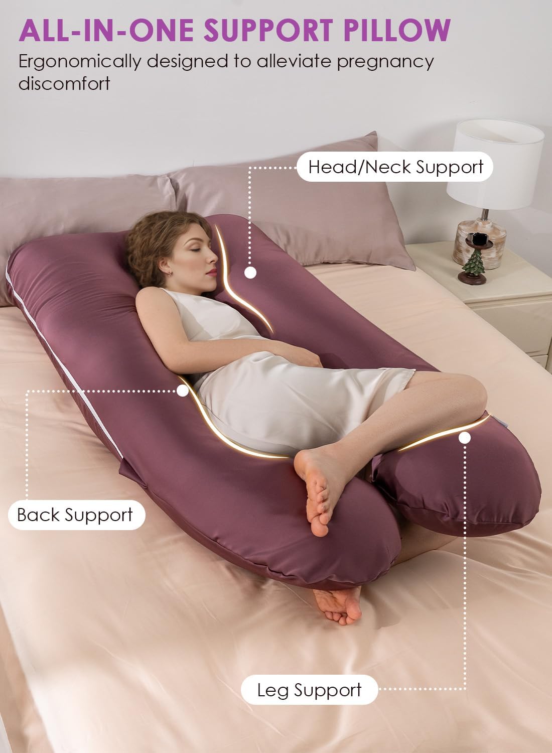 QUEEN ROSE Pregnancy Pillow, U Shaped Full Body Pillows for Sleeping Support, Maternity Pillow for Pregnant Women, Shiny Dark Purple
