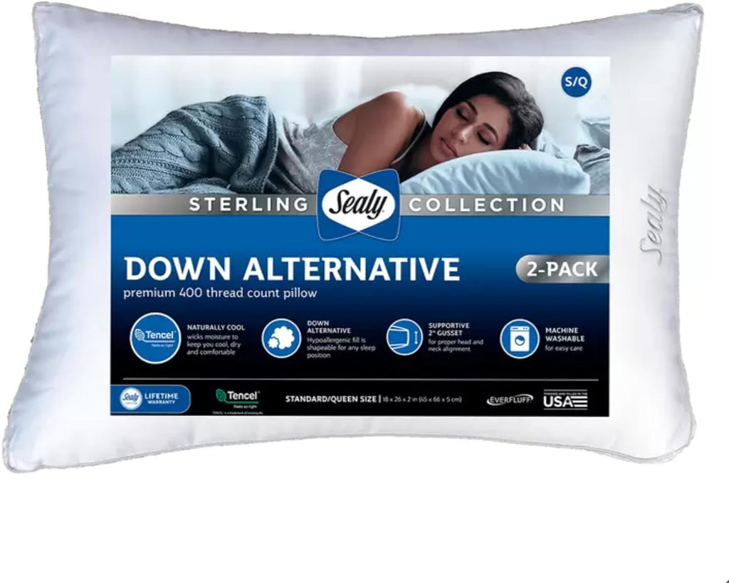Sealy Sterling Collection Down Alternative Pillows 400 Thread Queen - 2 Pack 2 Pack White
