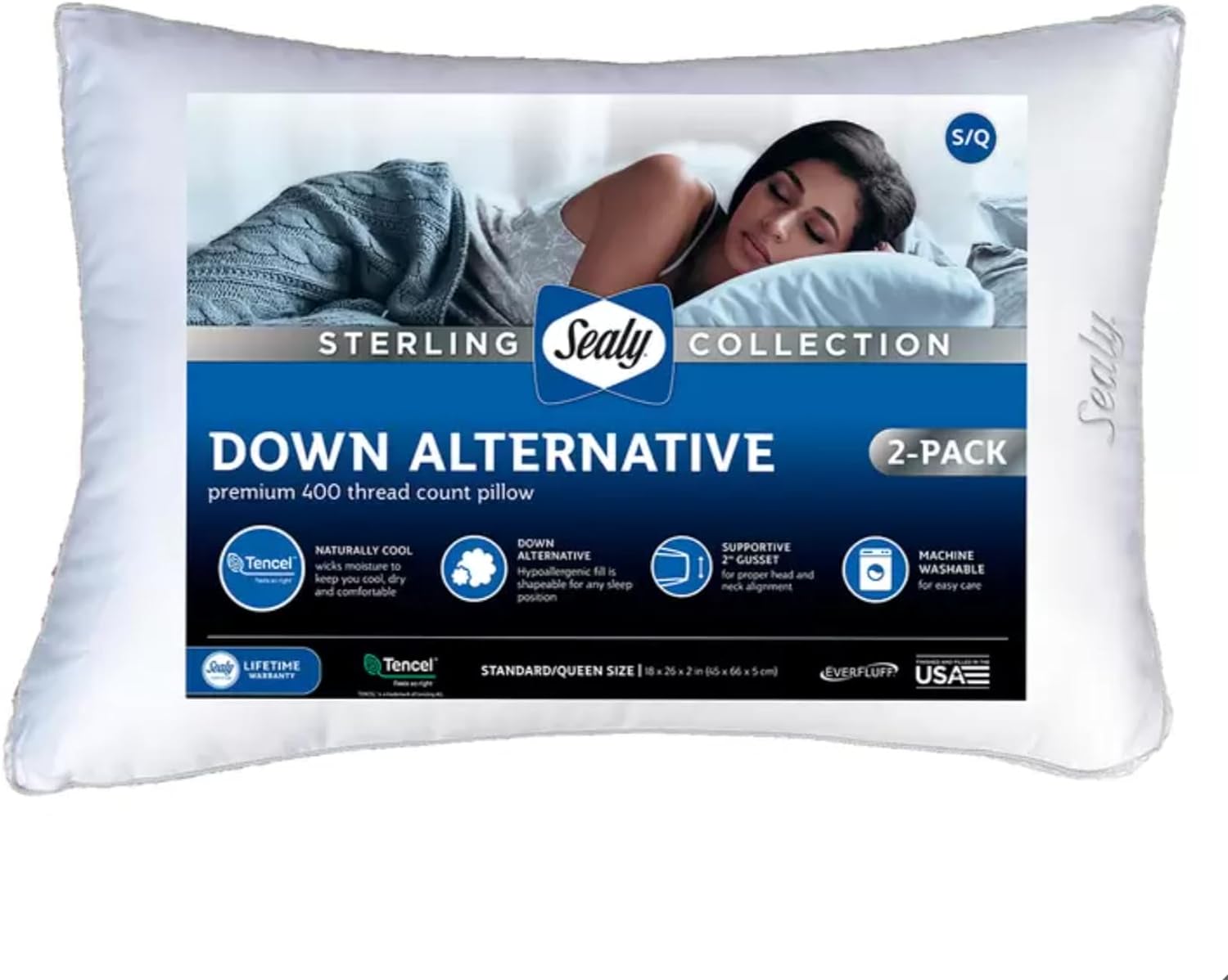 Sealy Sterling Collection Down Alternative Pillows 400 Thread Queen - 2 Pack 2 Pack White