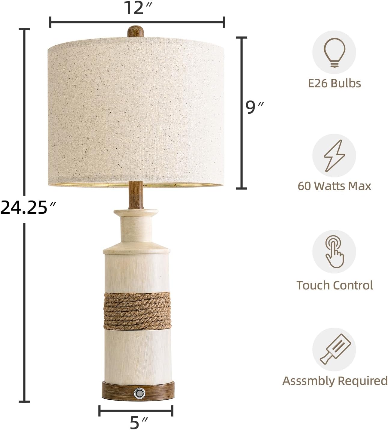 BOBOMOMO 24.5" Farmhouse Boho Table Lamps Set of 2, Hand-Woven Rattan Bedside Lamps with 3-Way Dimmable Touch Control & USB A+C Ports…