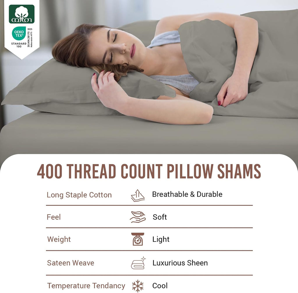 Pizuna Pure 100% Cotton Pillow Shams Queen Size Set of 2 Ash Grey, Luxurious 400 Thread Count Long Staple Cotton Sateen with Envelope Closu…