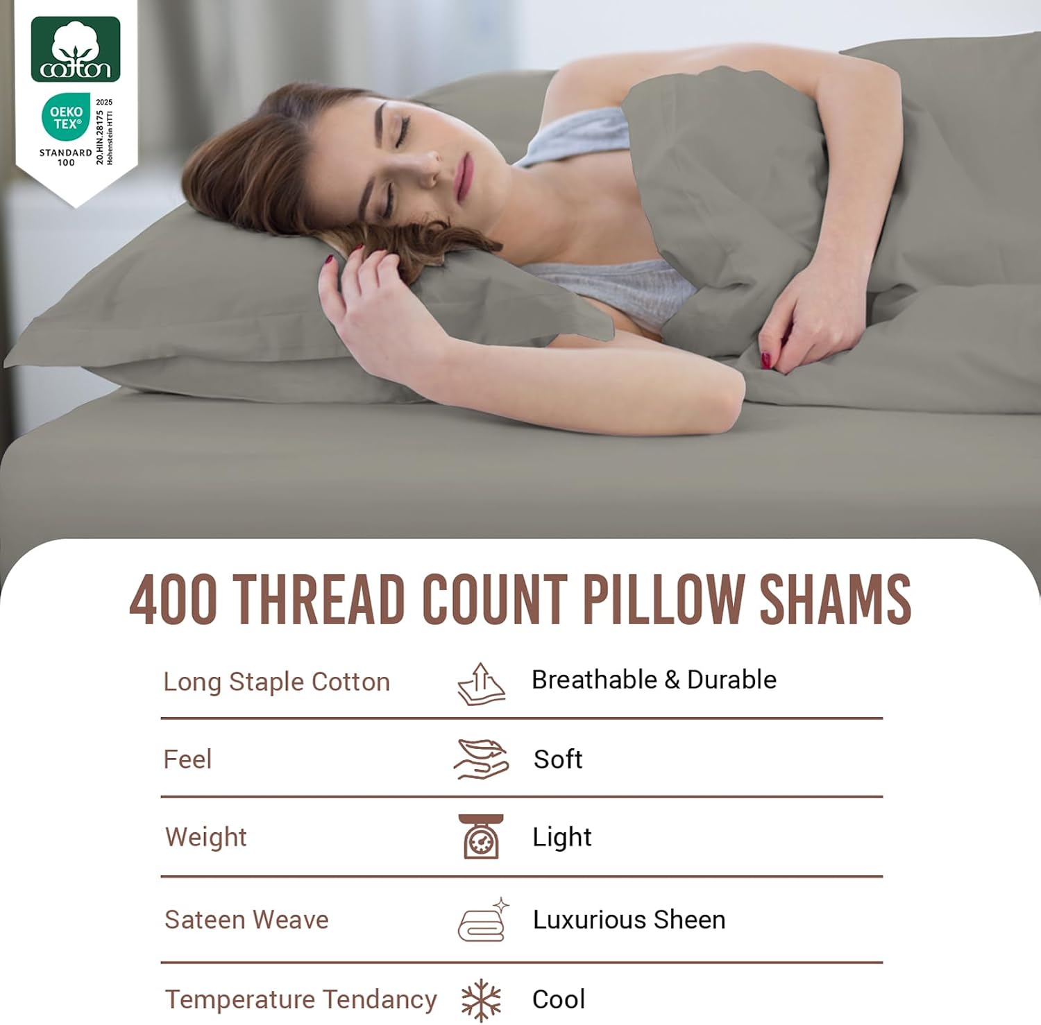 Pizuna Pure 100% Cotton Pillow Shams Queen Size Set of 2 Ash Grey, Luxurious 400 Thread Count Long Staple Cotton Sateen with Envelope Closu…