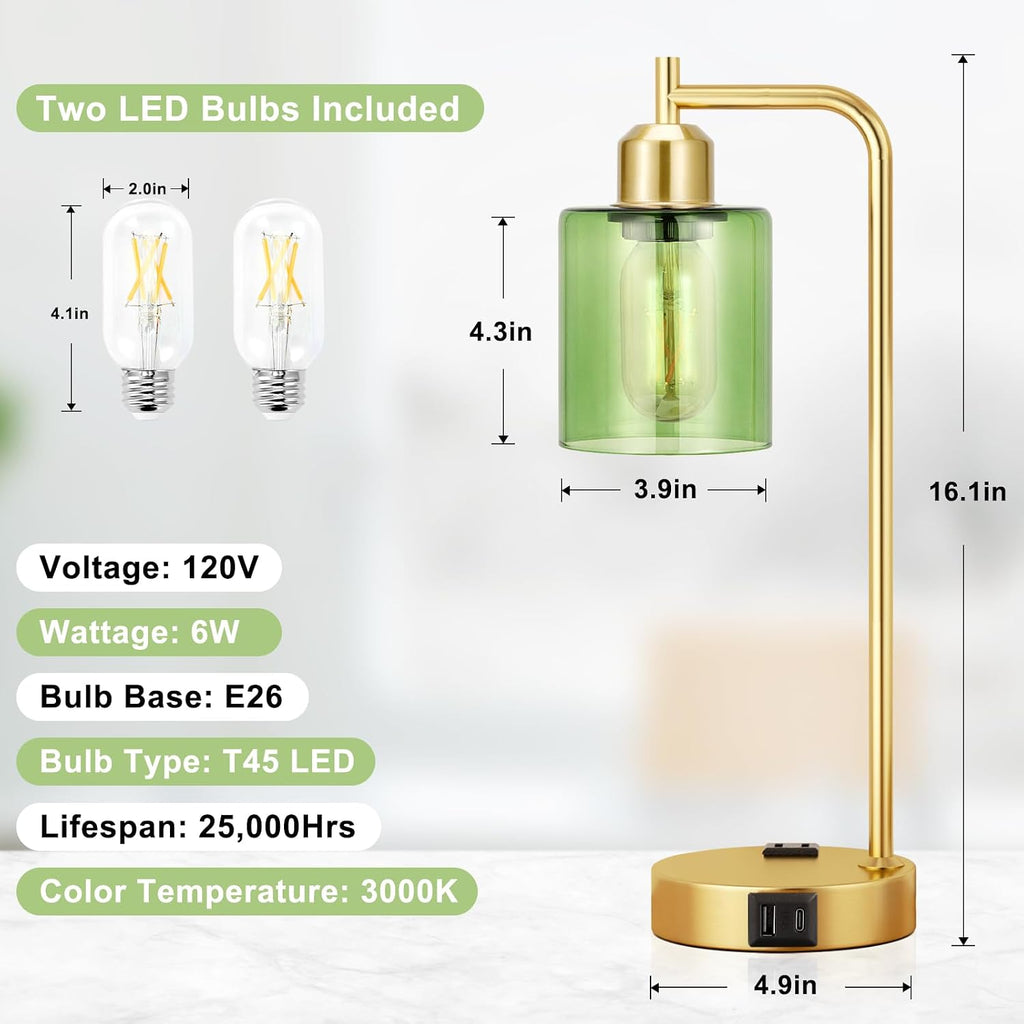 Innqoo Industrial Green Table Lamps for Bedrooms Set of 2-3-Way Dimmable Desk Lamp with USB C+A Ports and Outlet, Gold Lamps with Green…