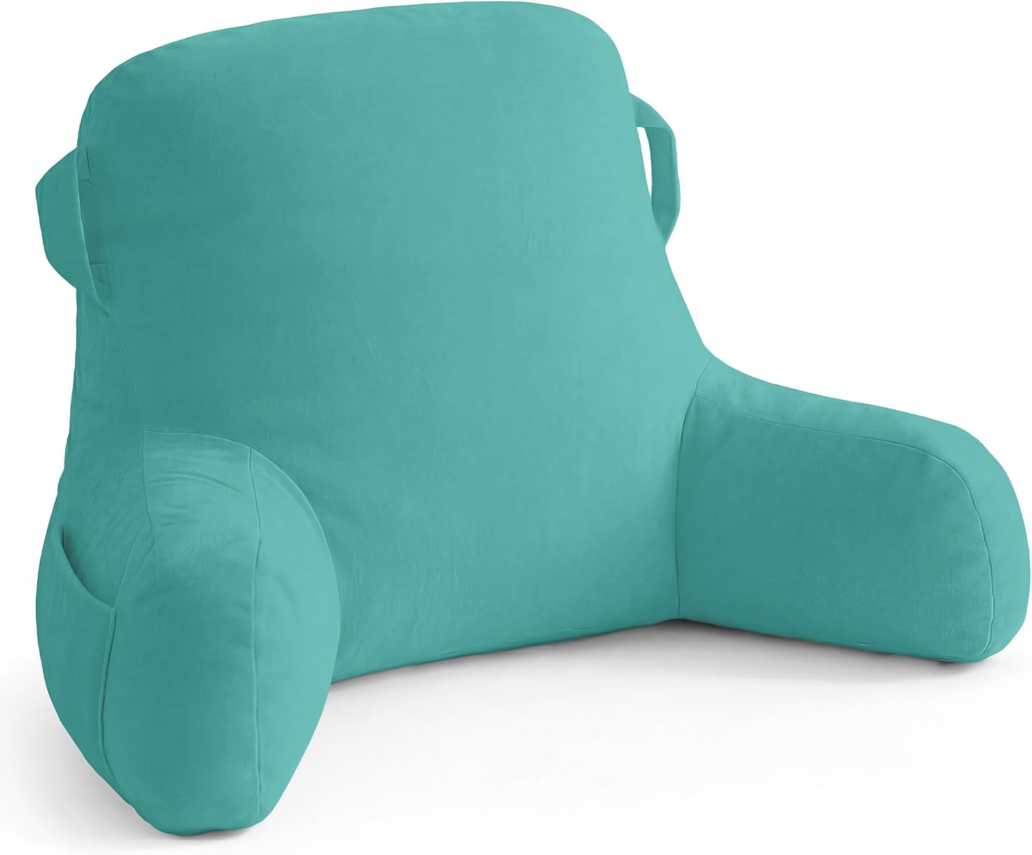 Unisakey Portable Comfy Reading Pillows for Bed Sitting Up(Lake Blue Oeko-Tex), Velvet Back Pillow with Arms & Pockets for Adults…