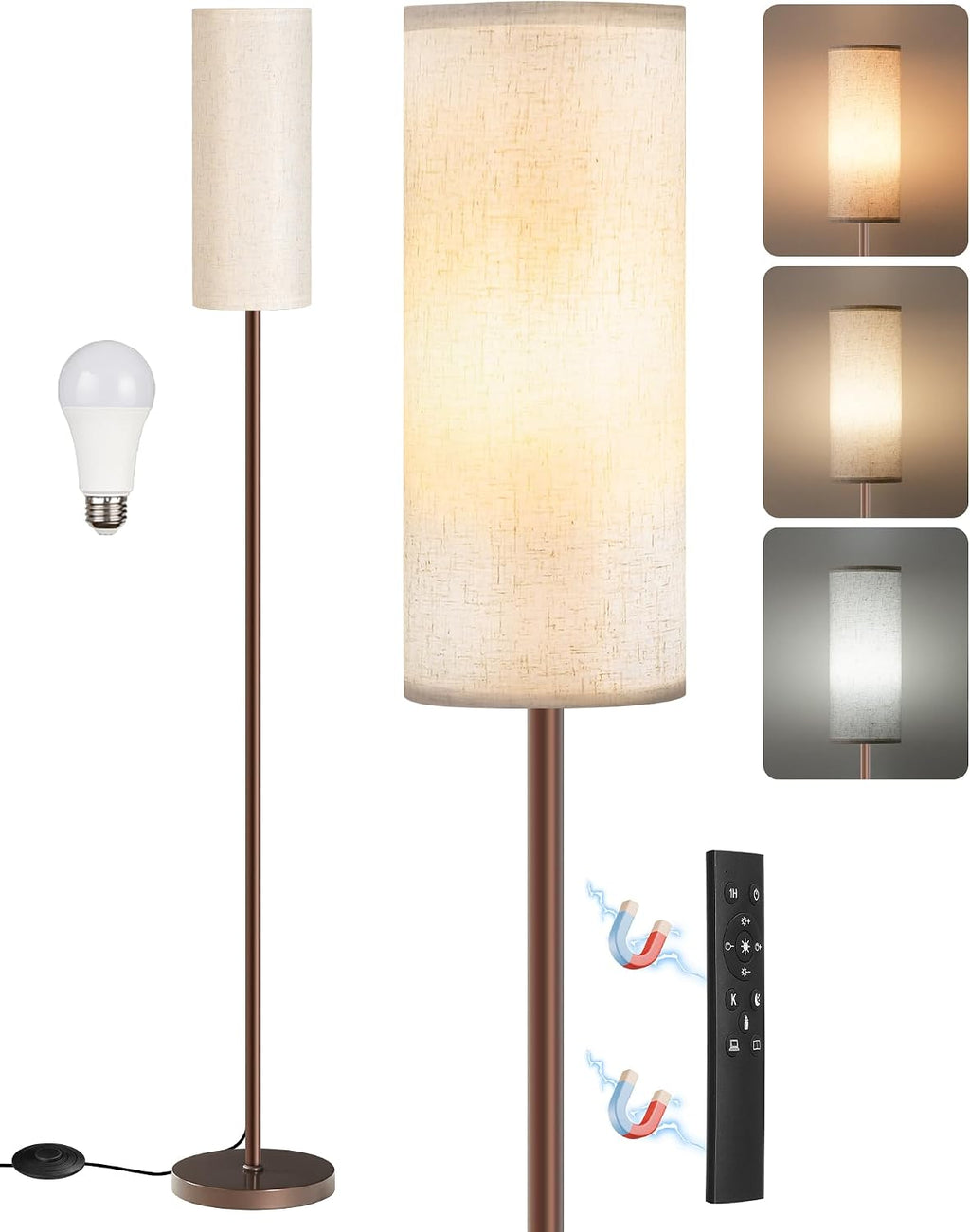 Dimmable Floor Lamps for Living Room with Remote and Foot Switch, 64.4” Modern Standing Tall Lamp, Corner Lamp for Bedroom, Bulb…