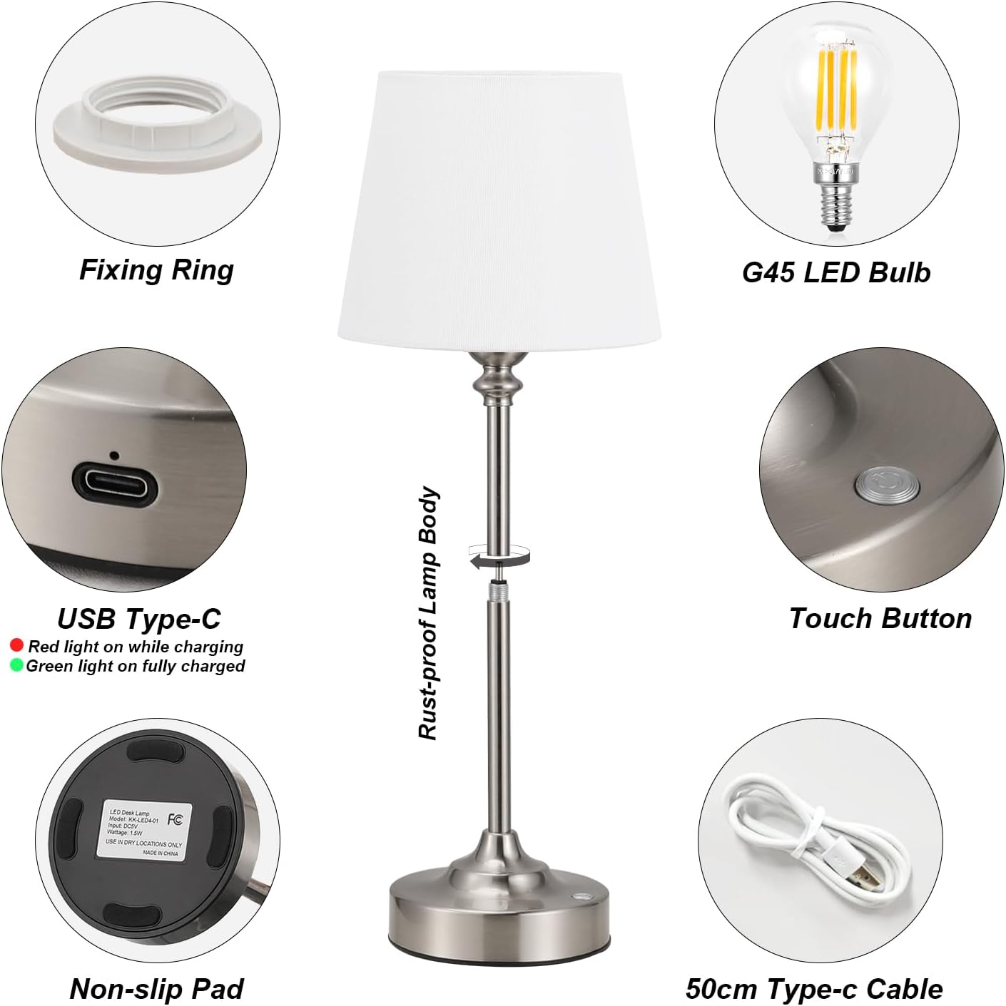Kakanuo Cordless Table Lamps Rechargeable Set - 2 Pack Silver 4000mAH Battery Operated Lamps for Decor, 3000K Stepless Dimming Touch…