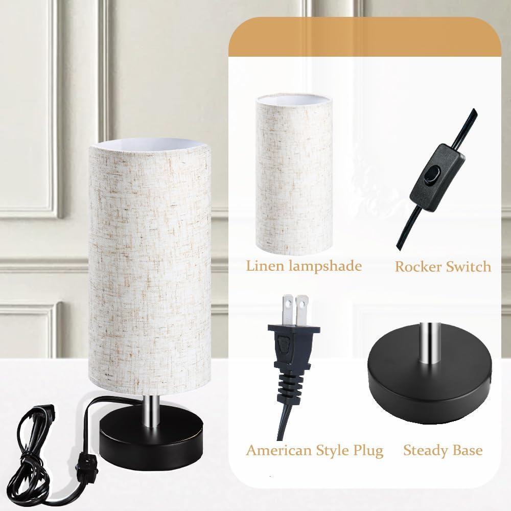 Bedside Table Lamps, Table Lamp for Bedroom, Lamps for Night Stands with Linen Lampshades, Small Table Lamp for Living Room, Office (Bulb…