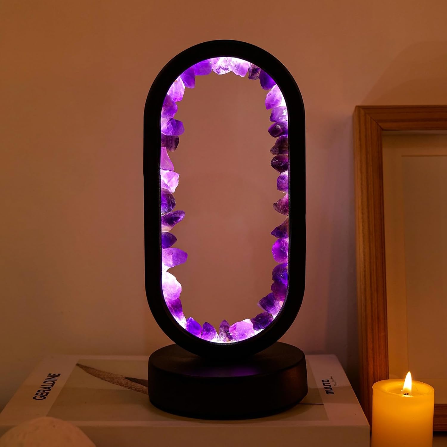 Runyangshi Crystal Lamp Amethyst Raw Stone Ellipse Night Lamp Natural Healing Crystal Night Light Table Lamp Base USB Port 3 Colours Mode f…