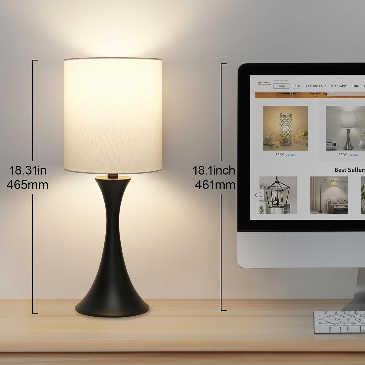 Seaside village 3 Way Touch Control Table Lamp, Modern Bedside Lamp for Bedroom, Dimmable Black Nightstand Lamp White Shade Desk Reading…