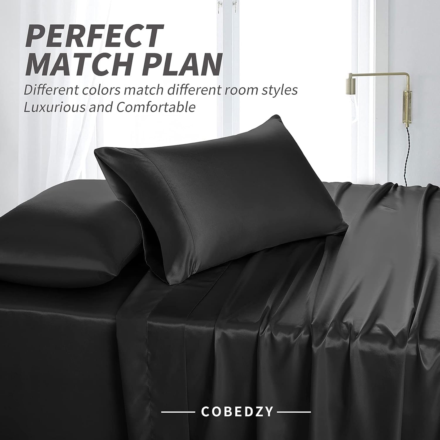 Cobedzy 3 Pcs Black Satin Sheets Twin XL Size Silky Satin Bedding Sheets Set with 1 Deep Pocket Fitted Sheet, 1 Flat Sheet, 1 Pillowcase 3…
