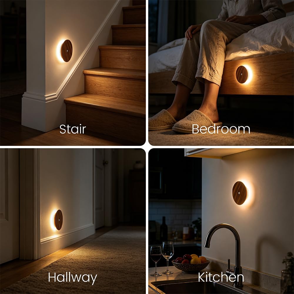Motion Sensor Night Light Wood Rechargeable Battery Powered Stick-On Step Lights Magnetic Closet Warm Nightlight for Hallway Bedroom…
