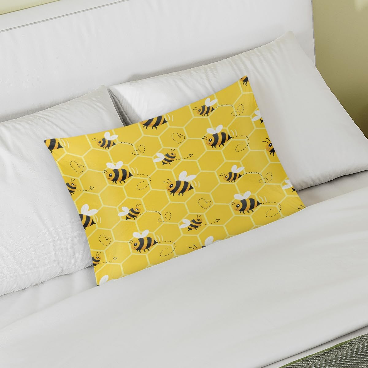 Satin Pillowcase for Hair and Skin, Standard Size Yellow Honeycomb Bee Pattern Decorative Pillow Sham with Envelope Closure Pillow Cover…