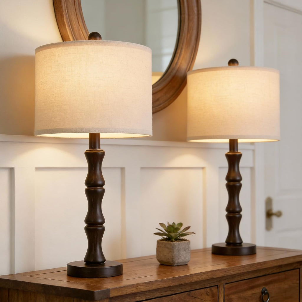 BOBOMOMO 25" Classic Table Lamps Set of 2, Farmhouse Nightstand Lamps with Dark Brown Resin Base & Linen Shade, Standard Table Lamps for…
