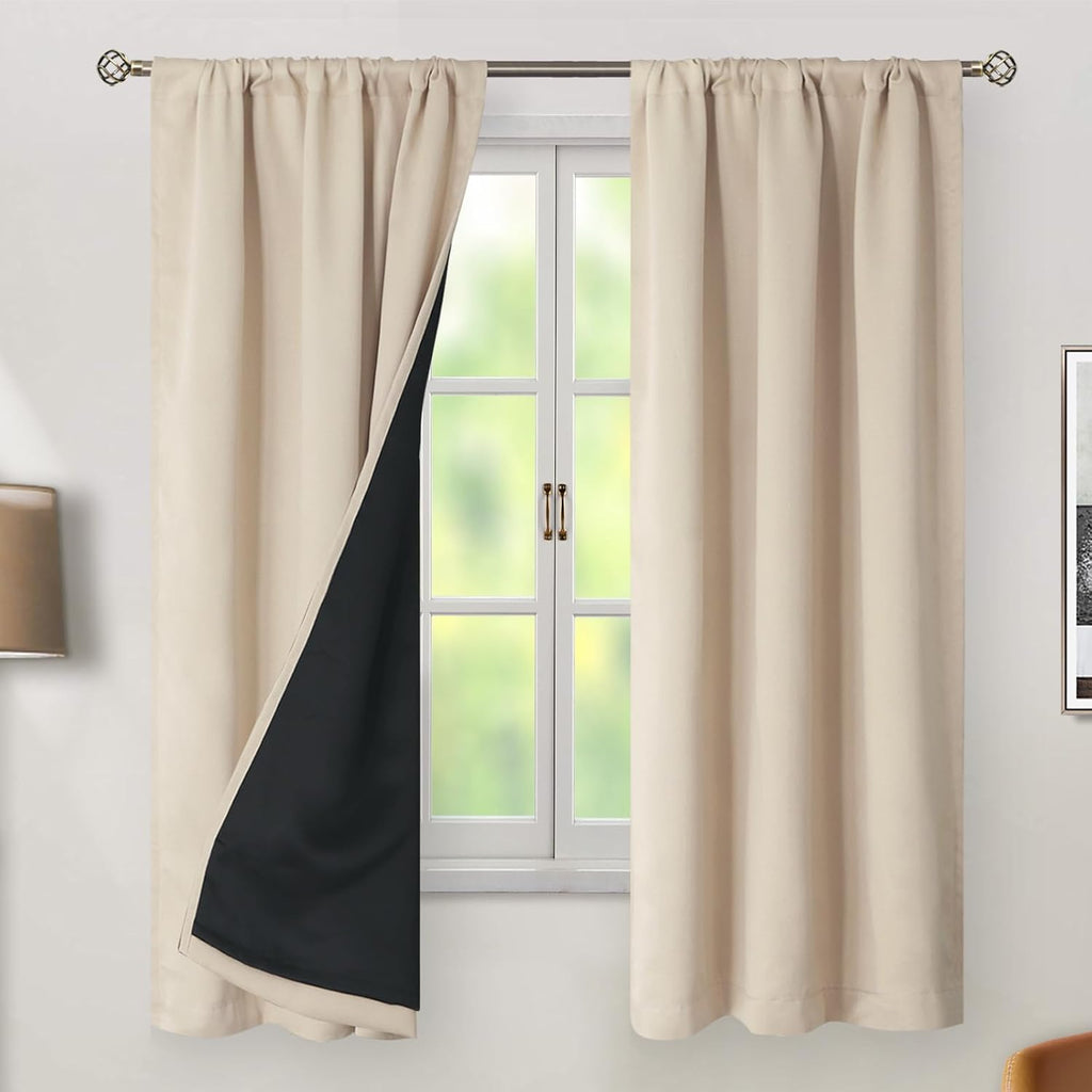 BGment Champagne Blackout Curtains 63 Inch Length with Thermal Insulated Liner, 100% Blackout Noise Reducing Room Darkening Rod Pocket…