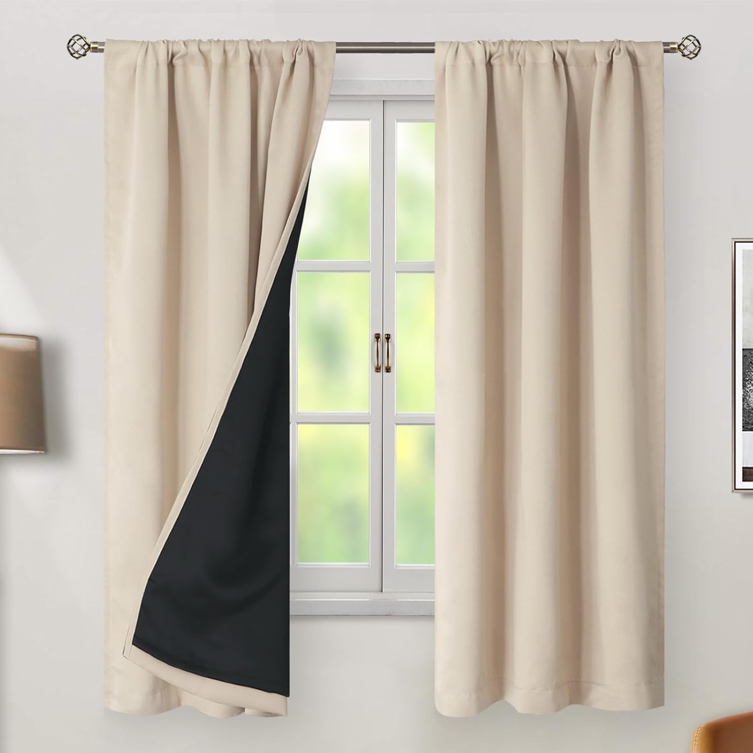 BGment Champagne Blackout Curtains 63 Inch Length with Thermal Insulated Liner, 100% Blackout Noise Reducing Room Darkening Rod Pocket…