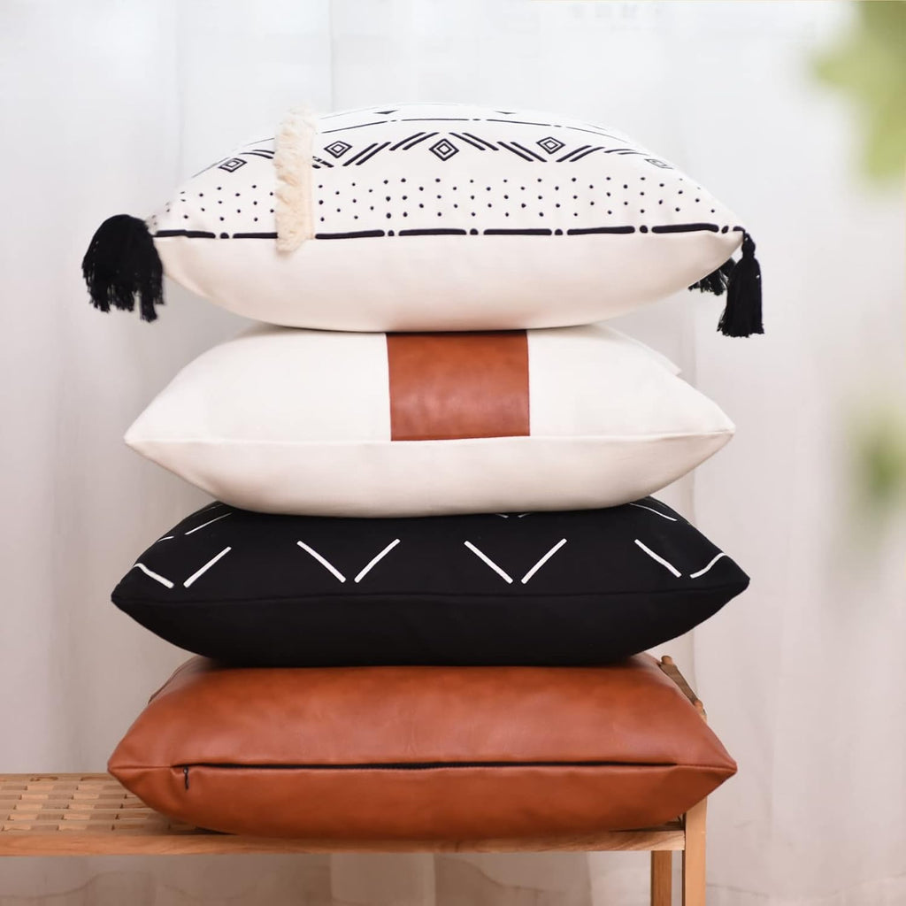 Tosewever Boho Geometric Throw Pillow Covers 18 x 18 Set of 4, Modern Stripe Farmhouse Decorative Faux Leather Cotton Pillowcase for Bedroo…