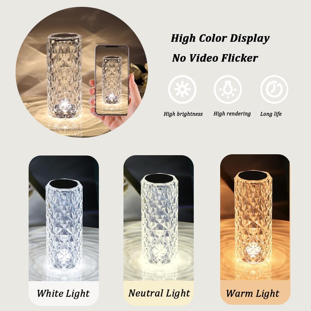 Portable Crystal Table Lamp,3 Color Touch Control Rechargeable Lamp, Crystal Bedside Lamp, Night Light, Room Decor Desk Lamp, Bedroom, Living…