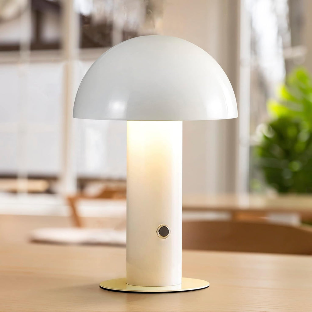 JONATHAN Y 10.75" White Rechargeable LED Mushroom Table Lamp, Cordless Portable Bedside Lamp for Living Room Bedroom, 3-Way Dimmable…