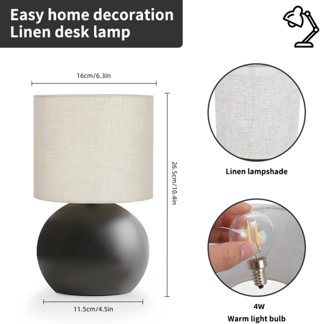 Modern Black Small Table Lamp with Cotton Linen Shade, 10.4-inch LED Desk Light, One-Button Switch for Bedroom, Living Room, Nightstand…