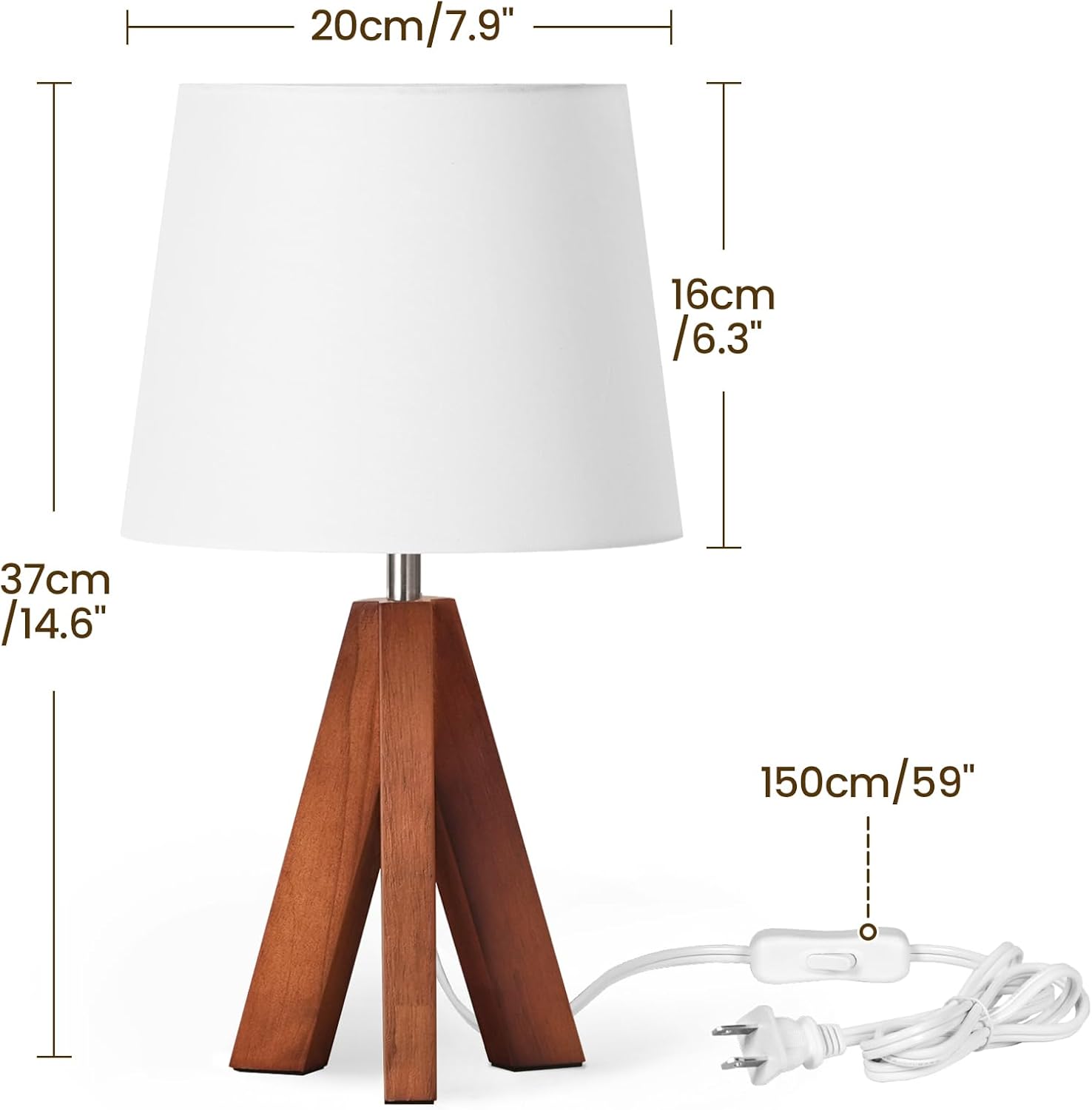 Small Tripod Table Lamps Set of 2, Modern Nightstand Lamp with Fabric Shade, Boho Bedside Wood Desk Light for Bedroom, Kids Room, Living…