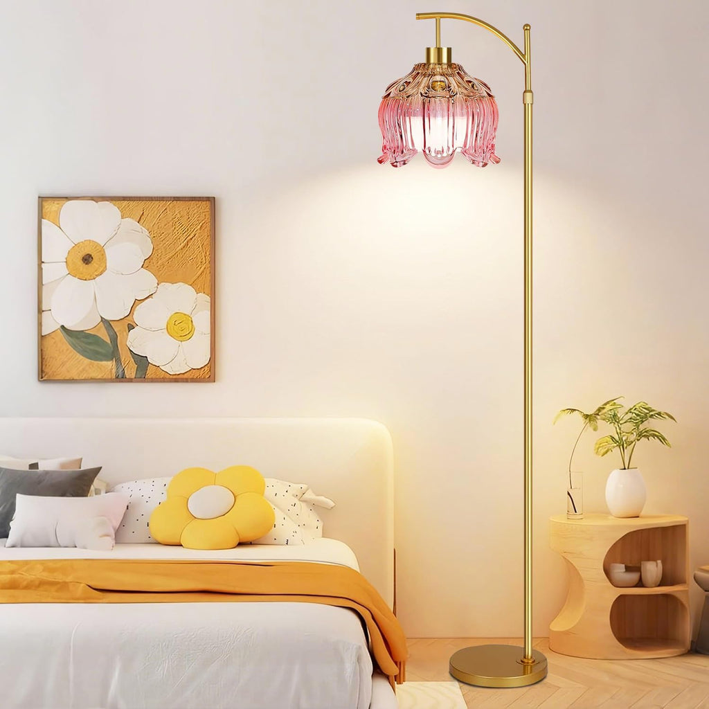 QIYIZM Pink Floor Lamp for Living Room, Bedroom, Glass Gold Dimmable Standing Lamp with Remote, Mid Century Modern Brass Tall Lamp Boho…