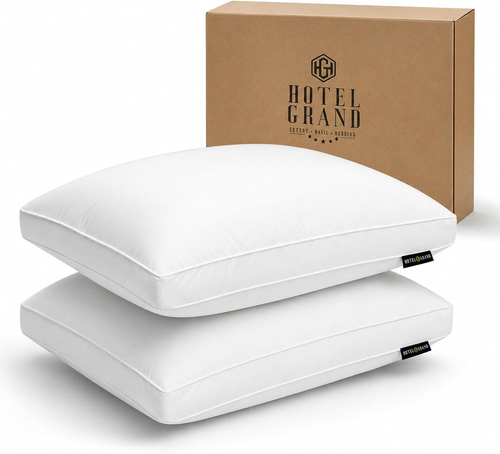 HotelGrand Hotel Grand Luxury Goose Feather & Down Fiber Pillows King Size Set of 2, Firm Support Gusseted Design, 100% Cotton Cover, No-Fl…