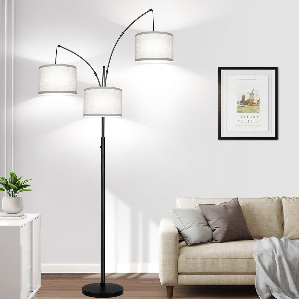 Dimmable Floor Lamp, 3 Lights Black Arc Floor Lamp, Modern Tall Standing Tree Lamp with Grey Linen Shades & Heavy Base, 3000LM LED Bulbs…