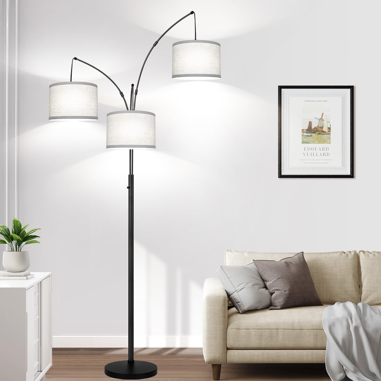 Dimmable Floor Lamp, 3 Lights Black Arc Floor Lamp, Modern Tall Standing Tree Lamp with Grey Linen Shades & Heavy Base, 3000LM LED Bulbs…