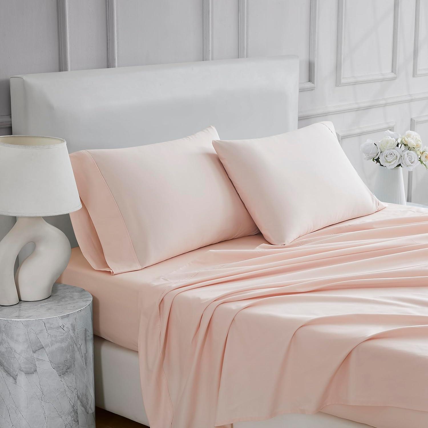 Linen Closet 3 Pcs 100% Cotton Twin Sheets Set, Blush, 400 Thread Count, Percale Weave, Deep Pocket Fitted Sheet, Fits Up To 18"…