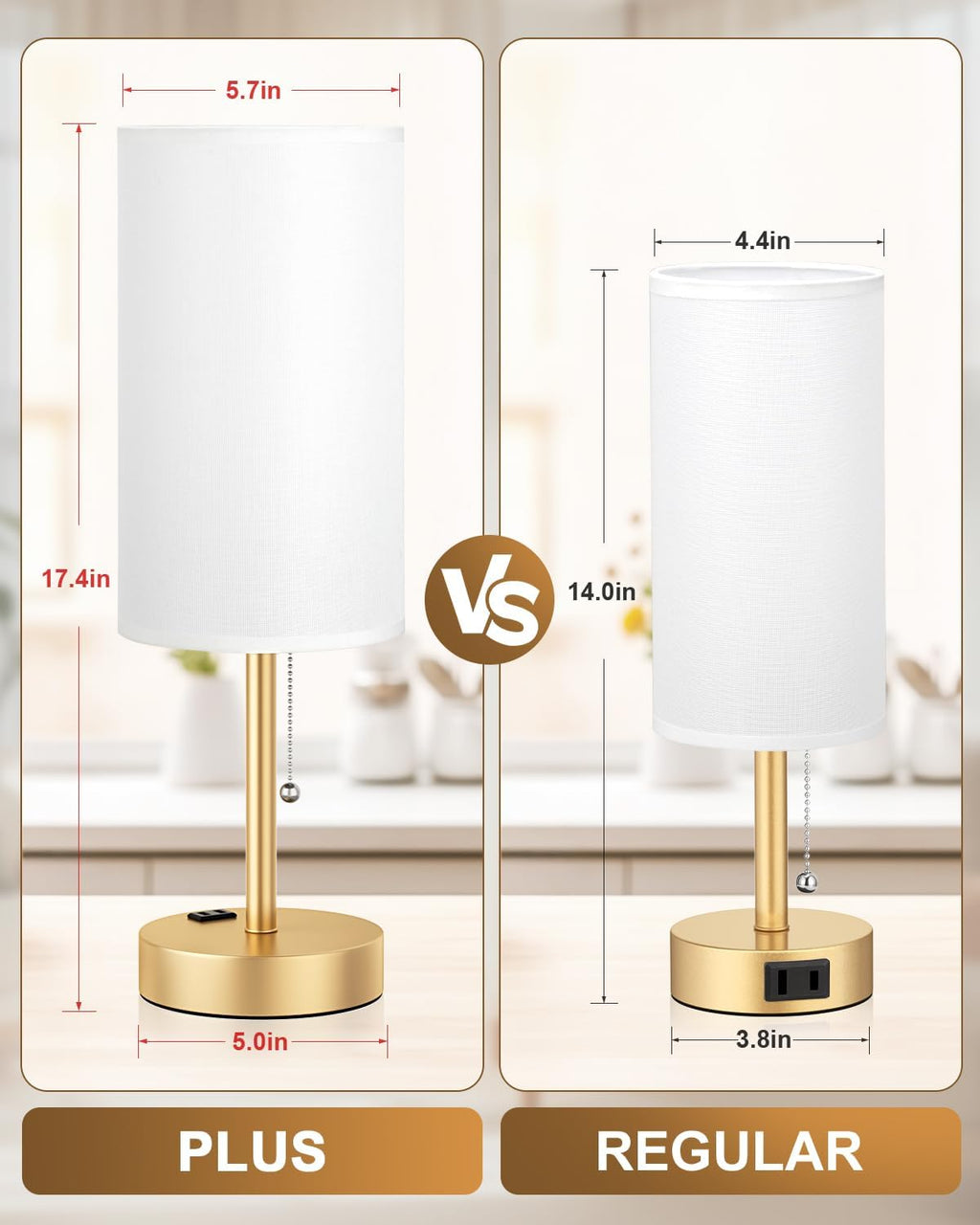 Fenmzee Plus Gold Bedside Lamps Set of 2-3 Color Temperatures Pull Chain Lamp with AC Outlet Charging Port, Round Night Stand Lamps for…