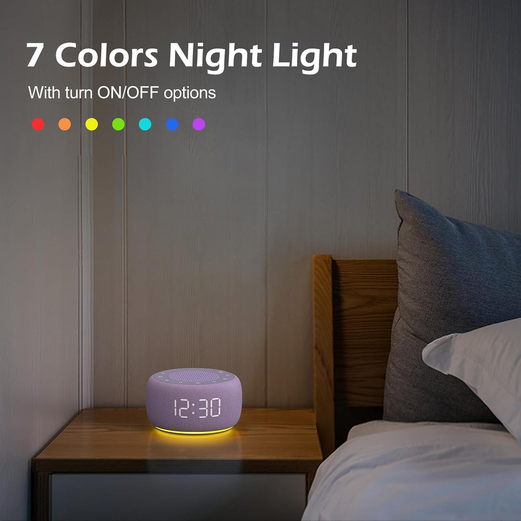 Buffbee Sound Machine & Alarm Clock 2-in-1, 0-100% Clock Face Brightness, Bottom Colored Light, Sleep Timer, Precise 30-Level Volume…