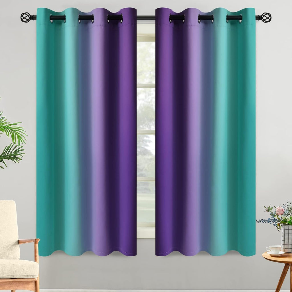 Yakamok Ombre Teal and Purple Curtains for Bedroom, Gradient Room Darkening Curtains, Grommet Thermal Insulated Light Blocking Window Drape…