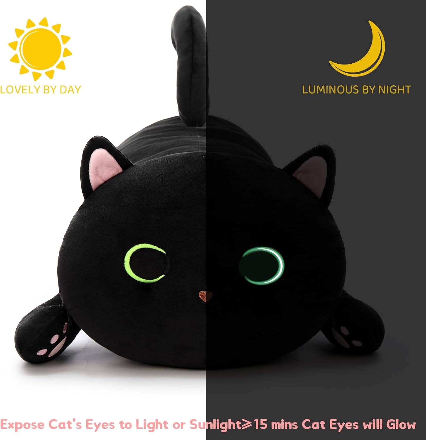 MaoGoLan Black Cat Plush Body Pillow, 44'' Giant Glow in The Dark Cat Stuffed Animal Toy for Girl Boy Kid, Big Cute Kitten Plush Throw…
