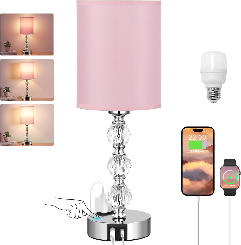 Pink Touch Bedside Lamps for Bedrooms - Crystal Table Lamp with USB C+A Charging Port and AC Outlet Nightstand, 3 Way Dimmable Silver…