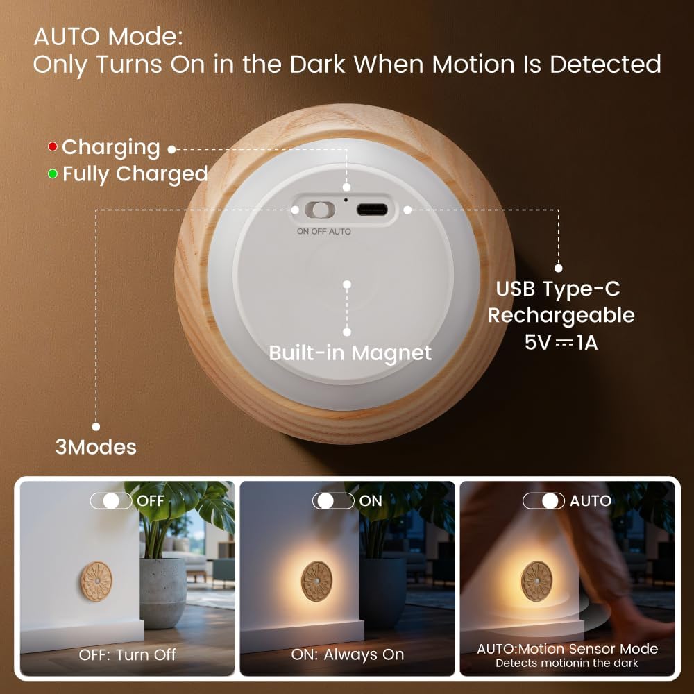 Flower Motion Sensor Night Light, Carved Wooden Flower Wall Lamp, Backlight LED Light, Rechargeable & Stick-On Magnetic Mount for Indoor…