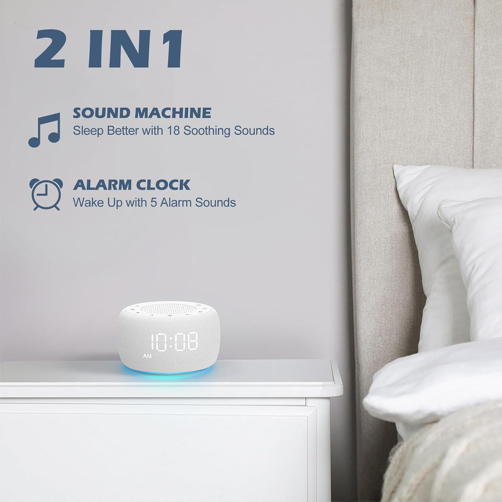 Buffbee Sound Machine & Alarm Clock 2-in-1, 0-100% Clock Face Brightness, Bottom Colored Light, Sleep Timer, Precise 30-Level Volume…