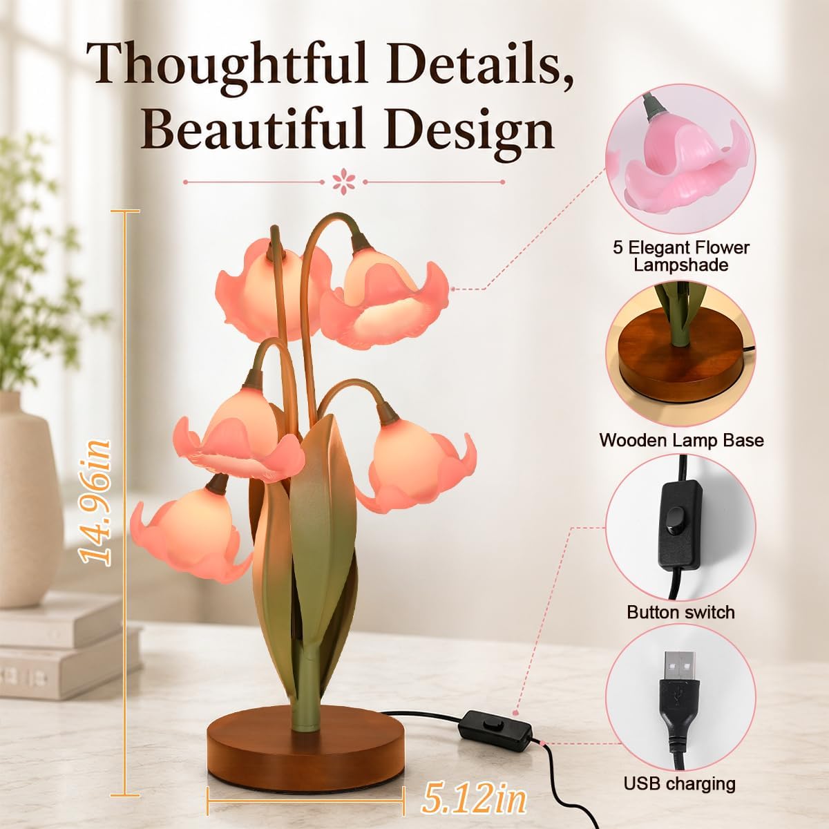 Flower Table Lamp for Bedroom, Cute Reading Light with 5 Pink Magnolia Flower of The Valley, Desk Lamp Bedside Lamps for Nightstands Home…