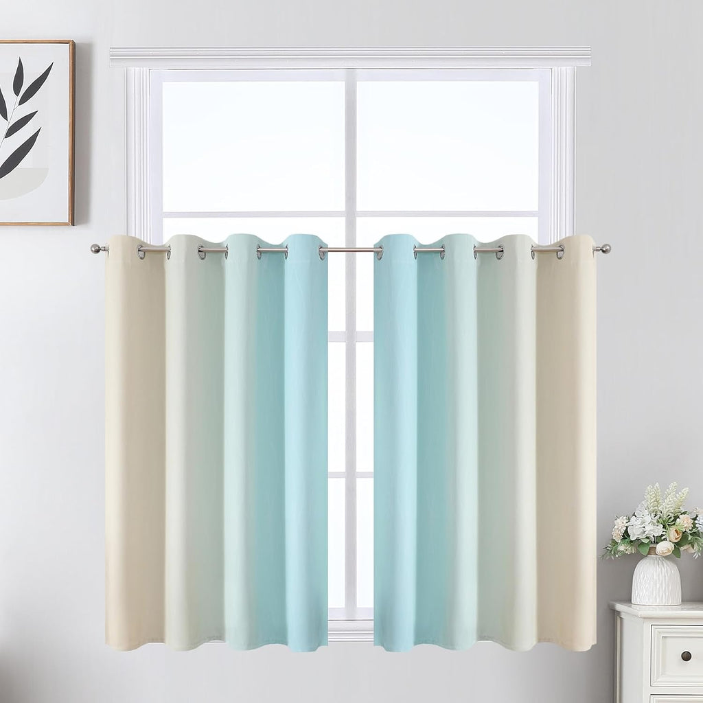 Estelartextiler Estelar Textiler Beige and Aqua Ombre Short Blackout Cafe Curtains 36 Inch Length, Thermal Insulated Grommet Small Half Win…