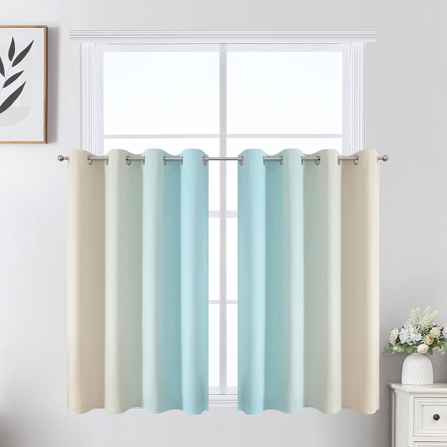 Estelartextiler Estelar Textiler Beige and Aqua Ombre Short Blackout Cafe Curtains 36 Inch Length, Thermal Insulated Grommet Small Half Win…