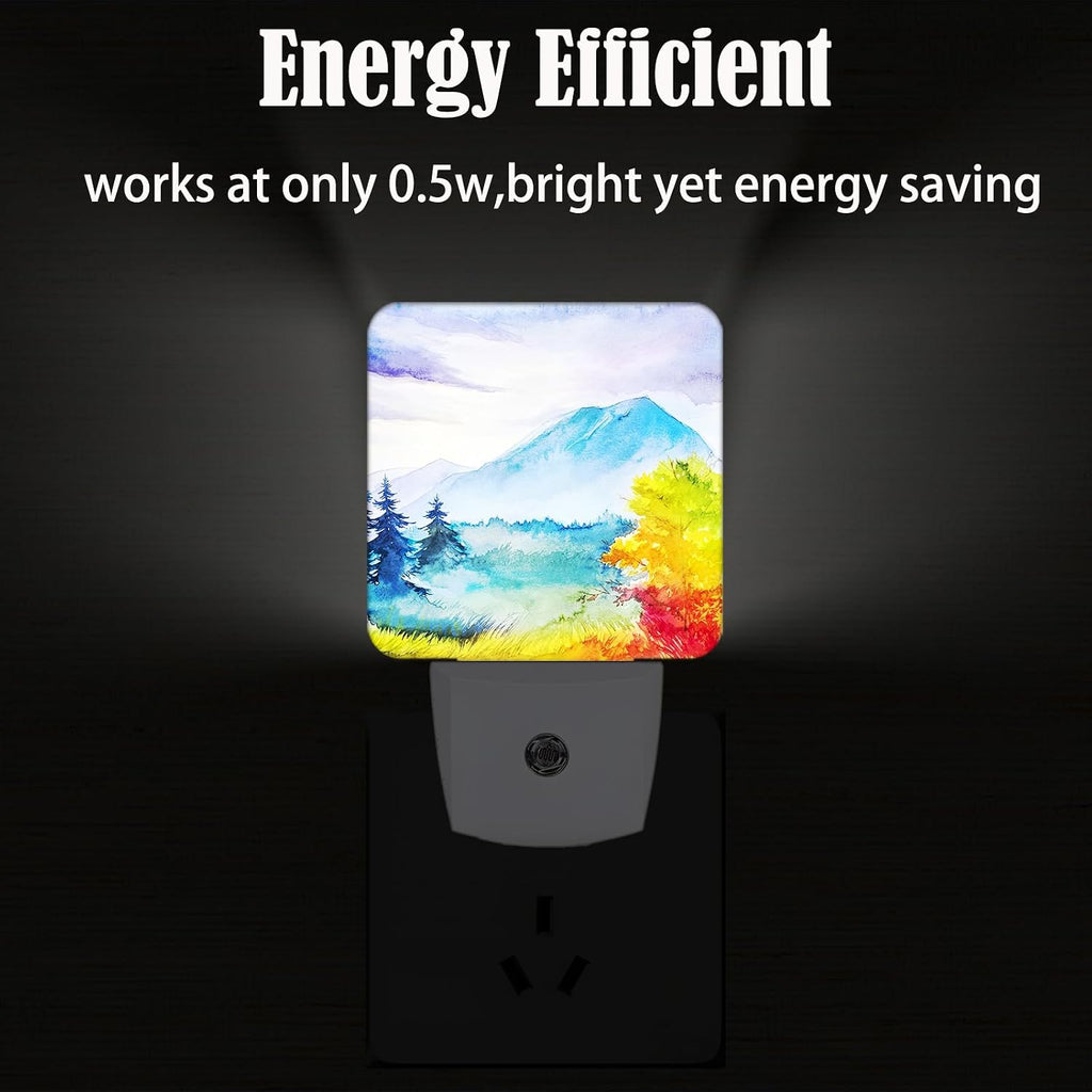 Watercolor Mountains and Forest Night Light, Plug Into Wall for Boys Girls Bedroom Decorative Square Night Light Lamp 0.5w Sleep Friendly