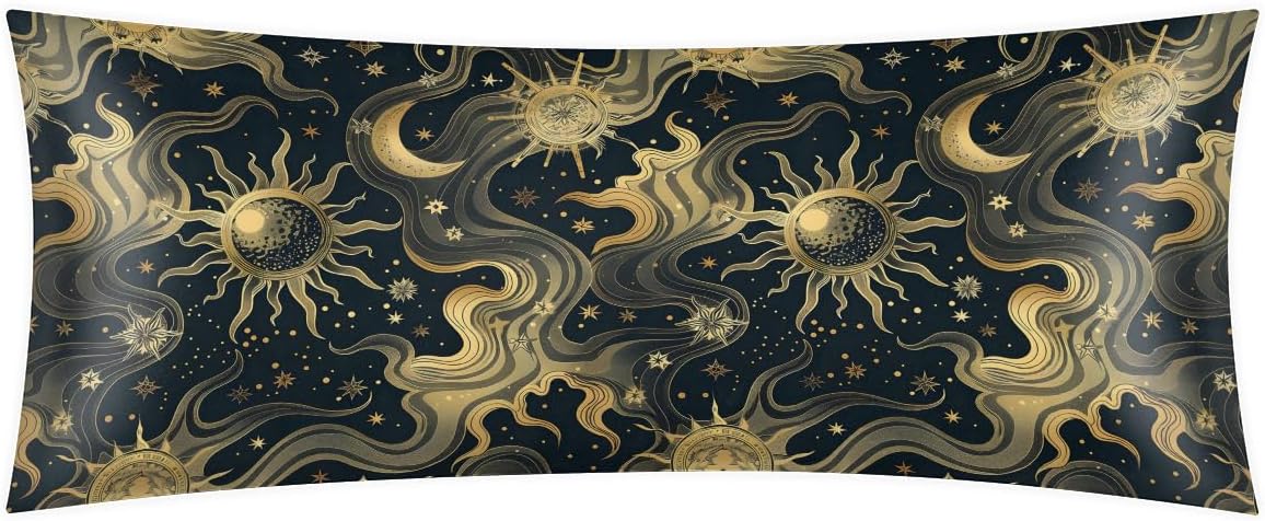 Sun Stars Moon Pattern Body Pillow Covers Decorative Soft Bedding Satin Pillowcase with Zipper Closure Cooling Breathable Long Pillow…