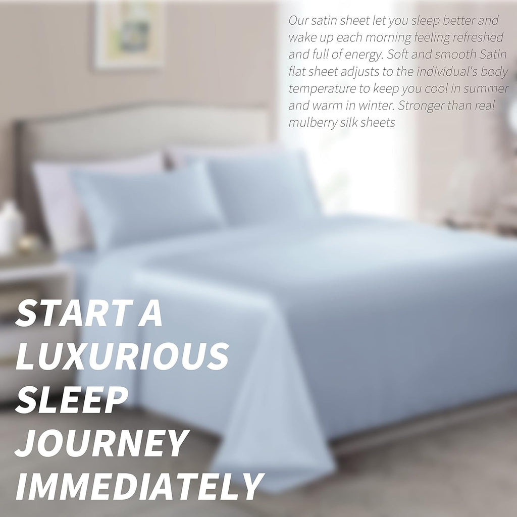 Cobedzy 3 Pcs Light Blue Satin Sheets Twin XL Size Silky Satin Bedding Sheets Set with 1 Deep Pocket Fitted Sheet, 1 Flat Sheet, 1 Pillowca…