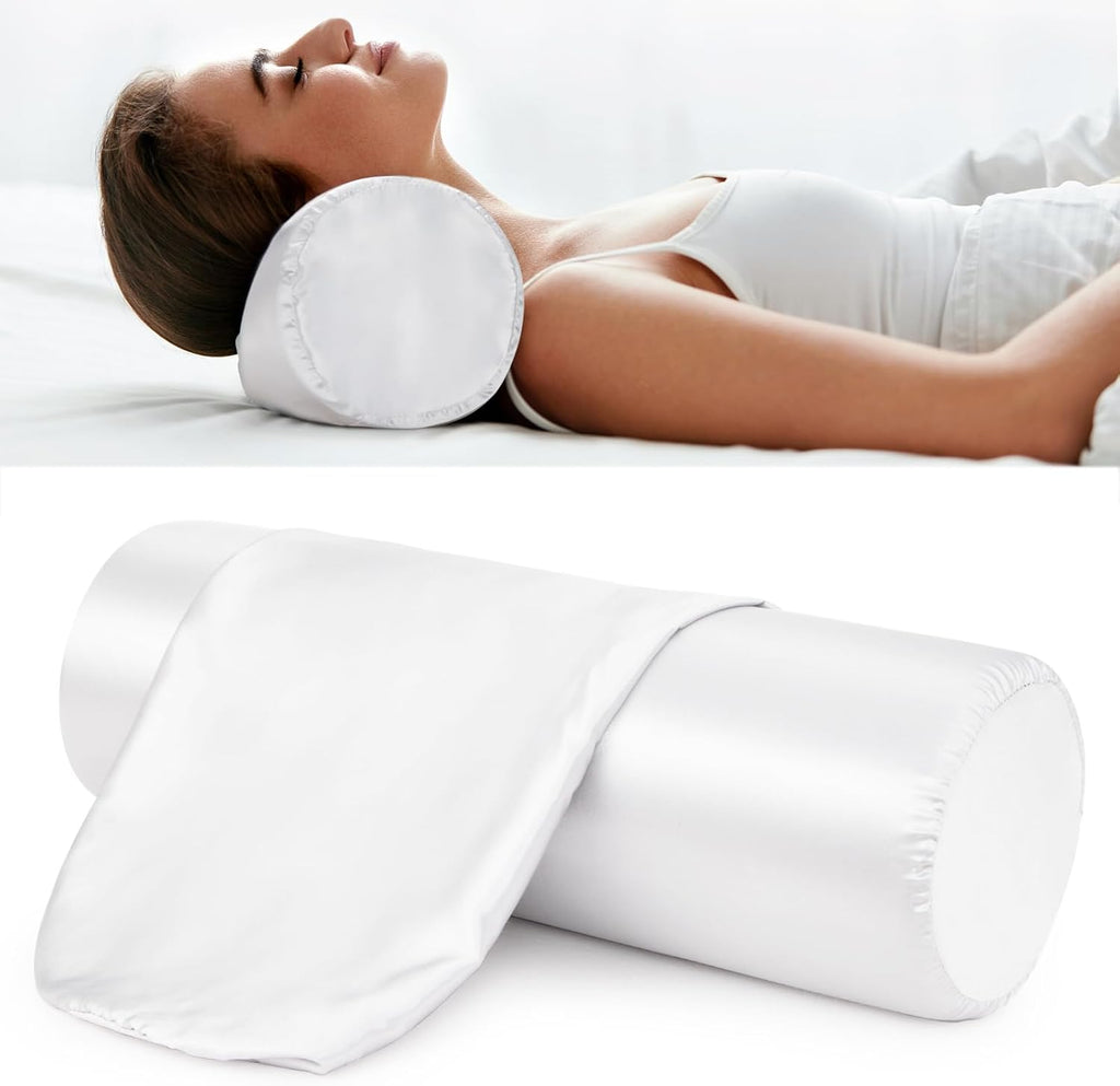 Noverlife 2 Pack 18x6 in White Silk Satin Neck Roll Pillow Cases, Neck Bolster Pillow Covers Round Neck Pillowcases for Hair & Skin…