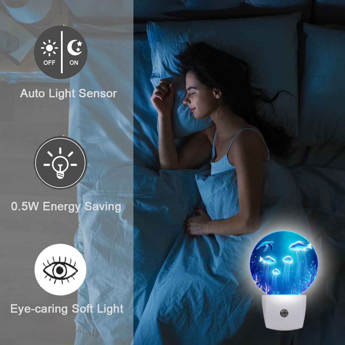 Blue Fish Turtle Plug in Night Light Auto Light Round Lamps Energy Saving Gift for Women Men Friends