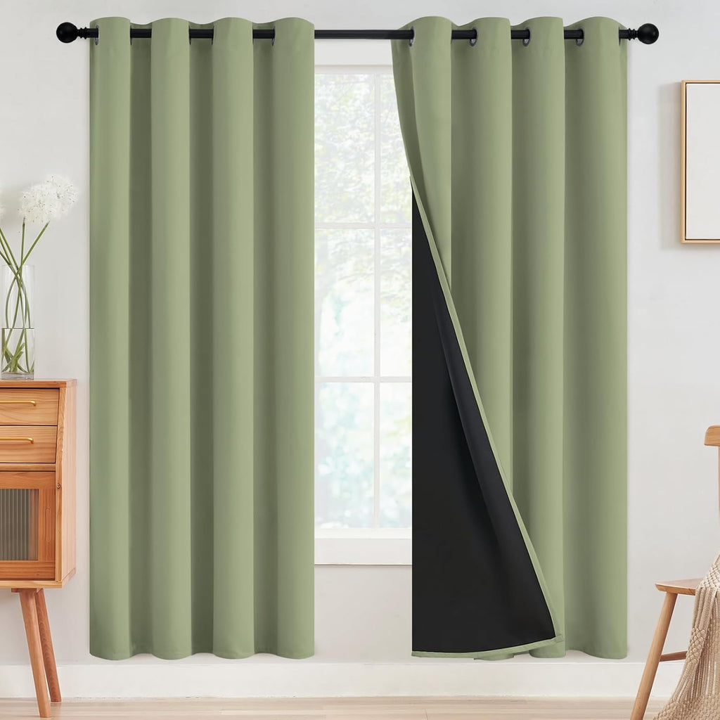 SimpleHome 100% Blackout Curtains for Bedroom, Thermal Insulated Sage Grommet Window Drapes Room Darkening Curtains for Living Room with Bla…