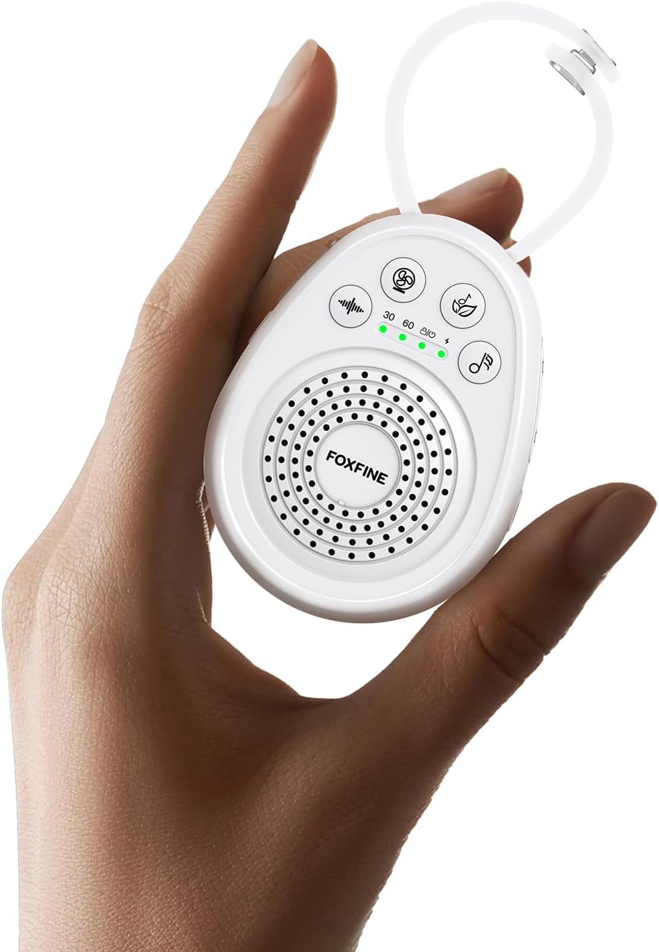 FOXFINE Portable Sound Machine, Travel White Noise Machine with 30 Soothing Sounds, Timer & Memory for Sleeping, Baby, Adults, White