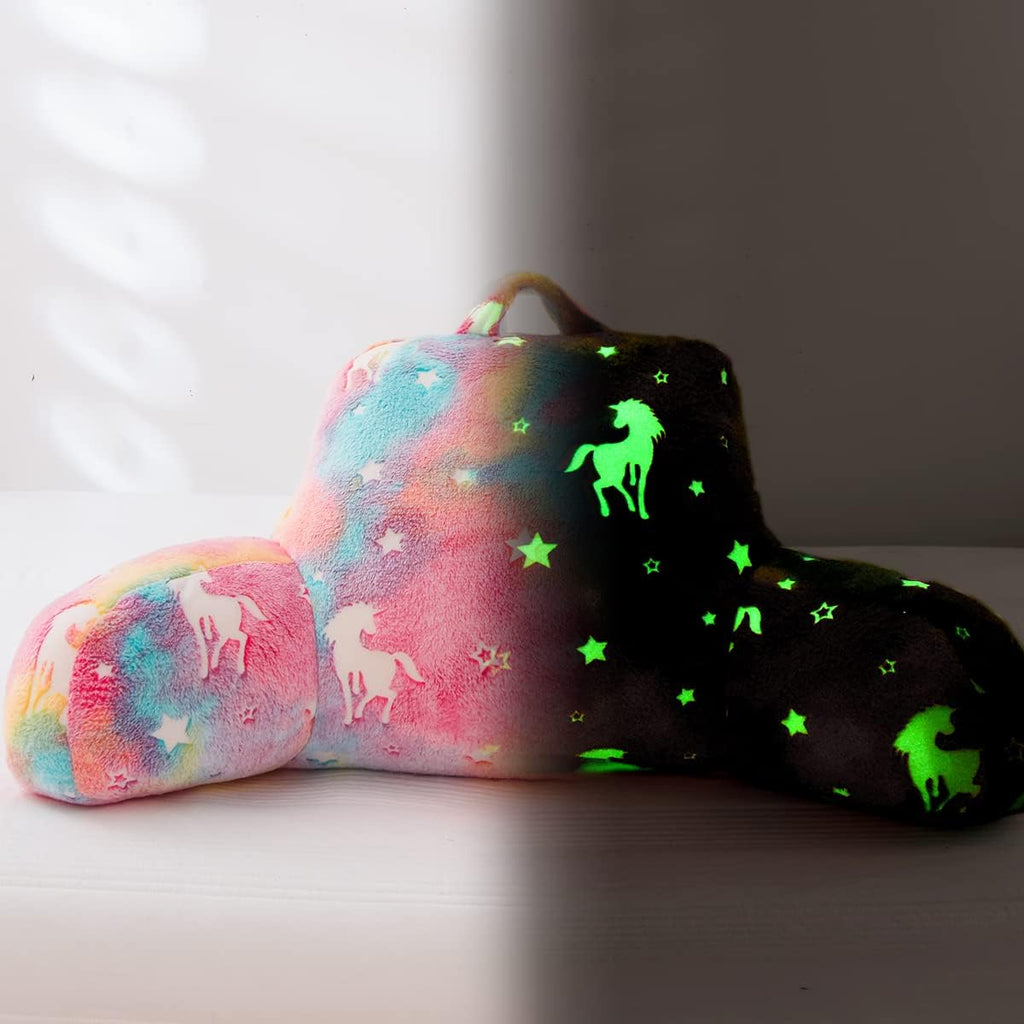 Holawakaka Glow in The Dark Unicorn Reading Pillow for Sitting up in Bed Sofa Kids Teens, Luminous Stars Backrest Pillow with Arms for…