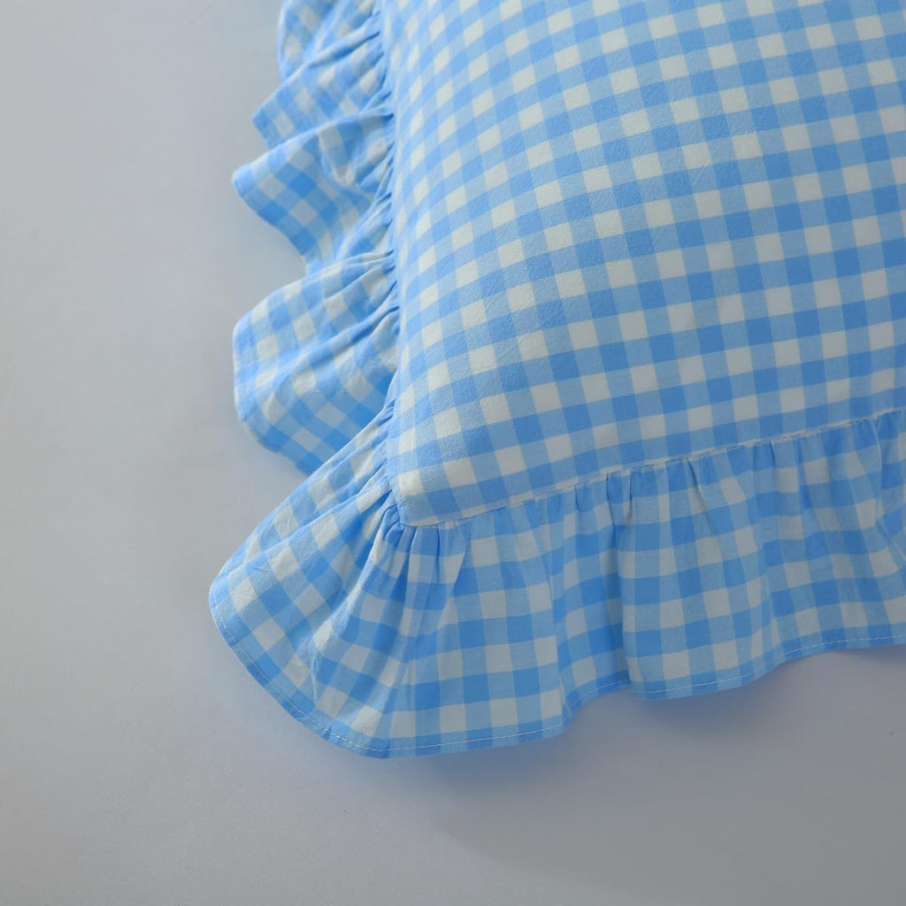 Mywinlle 2 Pack Vintage Sky Blue Plaid Ruffle Throw Pillow Covers, Washed Cotton Checkered Gingham Pillow Covers 20"x20" for Sofa, Couch, Bed…