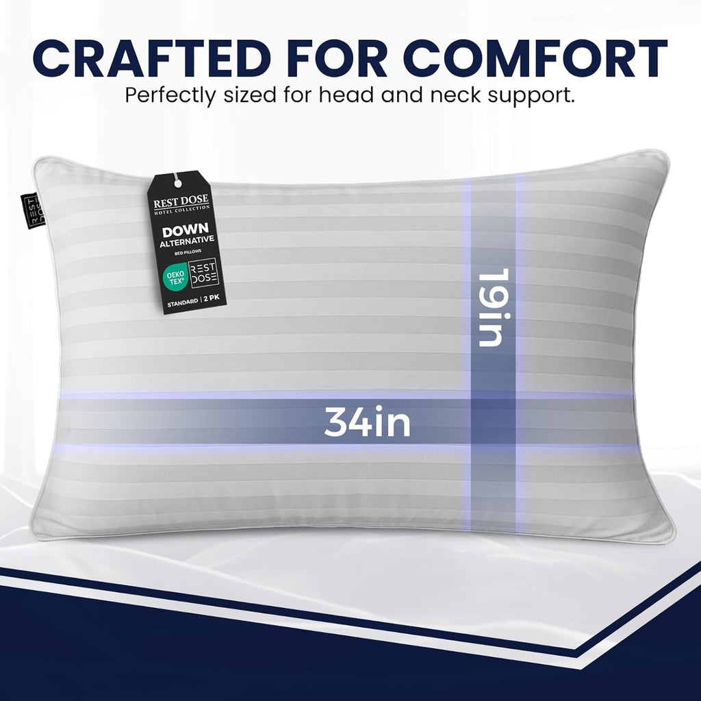 REST DOSE Bed Pillows for Sleeping, Set of 2 – Cooling, Hotel Quality with Soft Down Alternative Fill for Back, Stomach & Side Sleep…